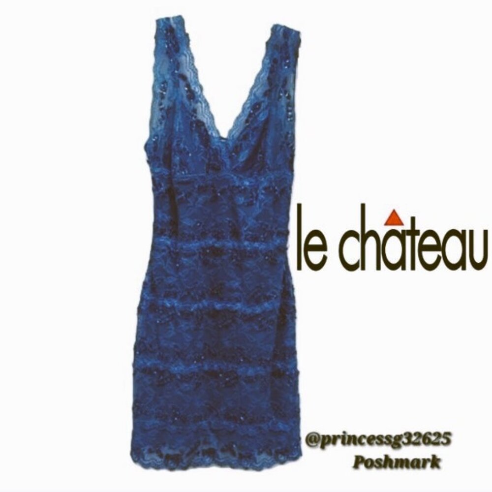𝘝𝘛𝘎 𝗹𝗲 𝗰𝗵â𝘁𝗲𝒂𝘂 Y2K Women's V-Neck Sequin Lace Dress Blue (Size M)